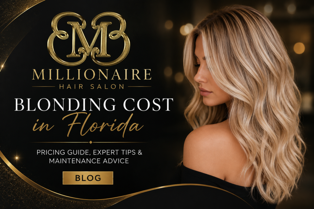 Luxury blog banner featuring a blonde hairstyle and Millionaire Hair Salon branding for a guide on blonding cost in Florida.