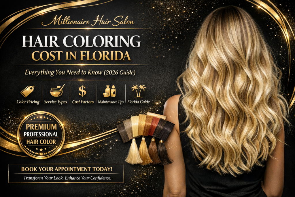 Luxury hair coloring cost guide banner featuring blonde balayage hair and premium salon branding.