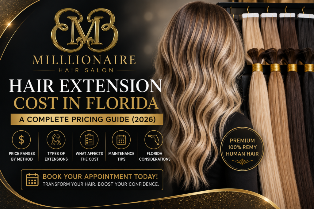 Luxury hair extension blog banner featuring premium Remy hair extensions and long blonde hair for a Hair Extension Cost in Florida pricing guide.