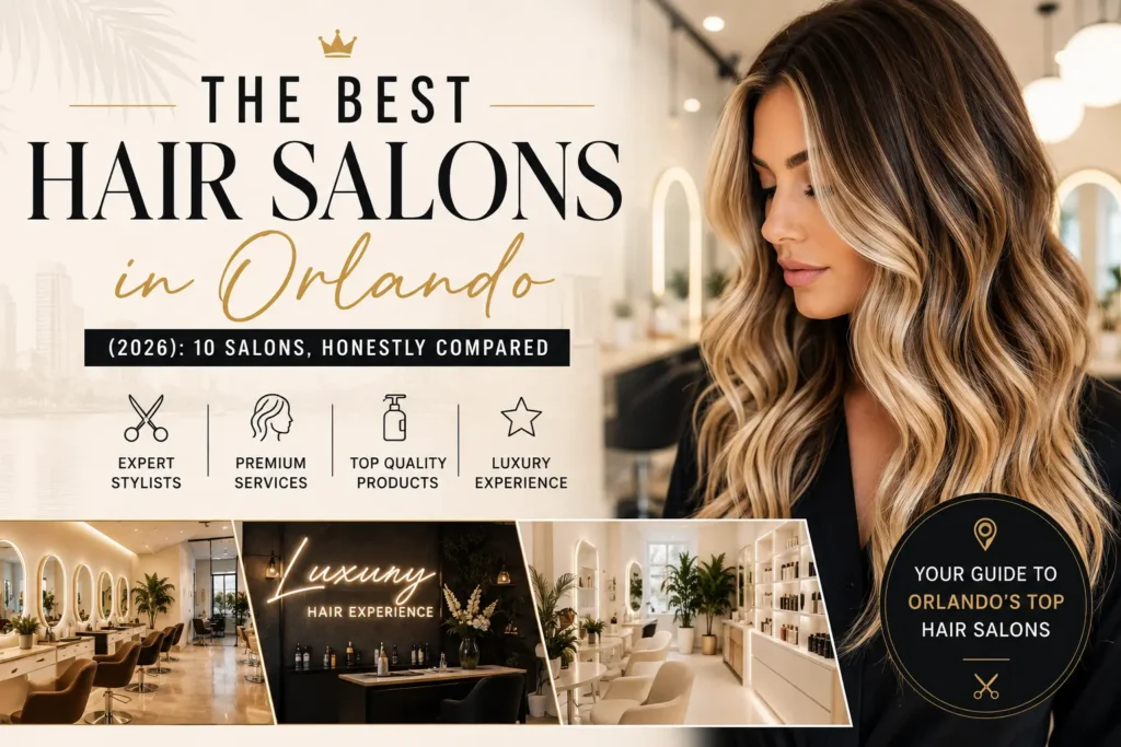 Luxury salon interior with a woman showcasing blonde balayage hair, representing the best hair salons in Orlando in 2026.